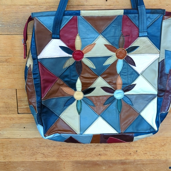 Vintage Retro 60s 70s Patchwork Leather Hippie Bohemian Shoulder Bag Tote Purse - Picture 3 of 8